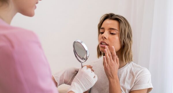 Relleno de labios - Médico de medicina estética evaluando los labios de una mujer para aplicar tratamiento con bótox o ácido hialurónico en una de las mejores clínicas de relleno de labios de Valencia