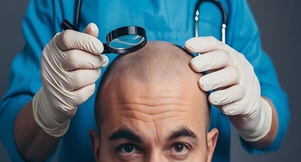 Médicos de trasplante capilar - Tricólogo reconocido como el mejor cirujano capilar España evaluando el cuero cabelludo de un hombre con alopecia para un trasplante capilar Valencia