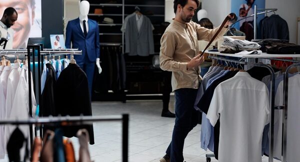 Ropa para hombre - Hombre en una tienda para caballero observando las prendas para comprar ropa en una de las mejores tiendas de ropa para hombre de Valencia