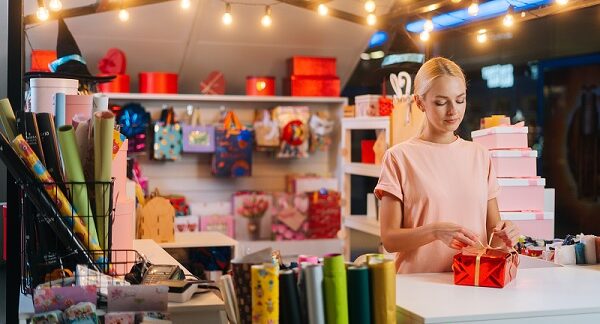 en una de las tiendas de regalos, una mujer envuelve un presente