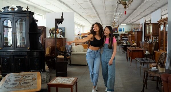 tiendas de muebles vintage - dos mujeres miran muebles vintaje en una tienda